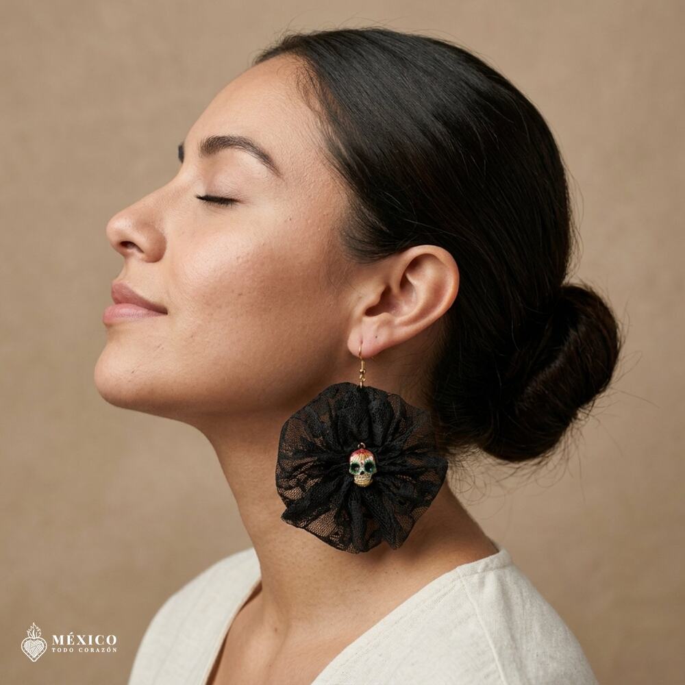 Black Day of the Dead Skull Earrings – Mexican Lace Catrina Style
